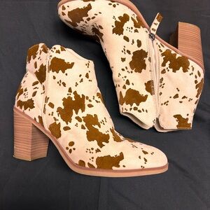 MIA Brown and Cream Cow Print Heeled Boots